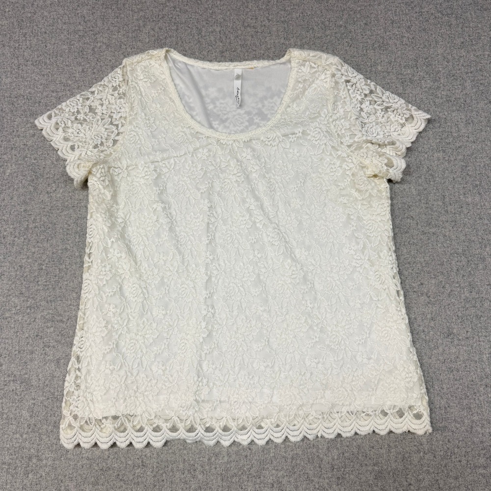 NY Collection Woman Lace Top L Ivory Floral Scalloped Hem Short Sleeve Blouse